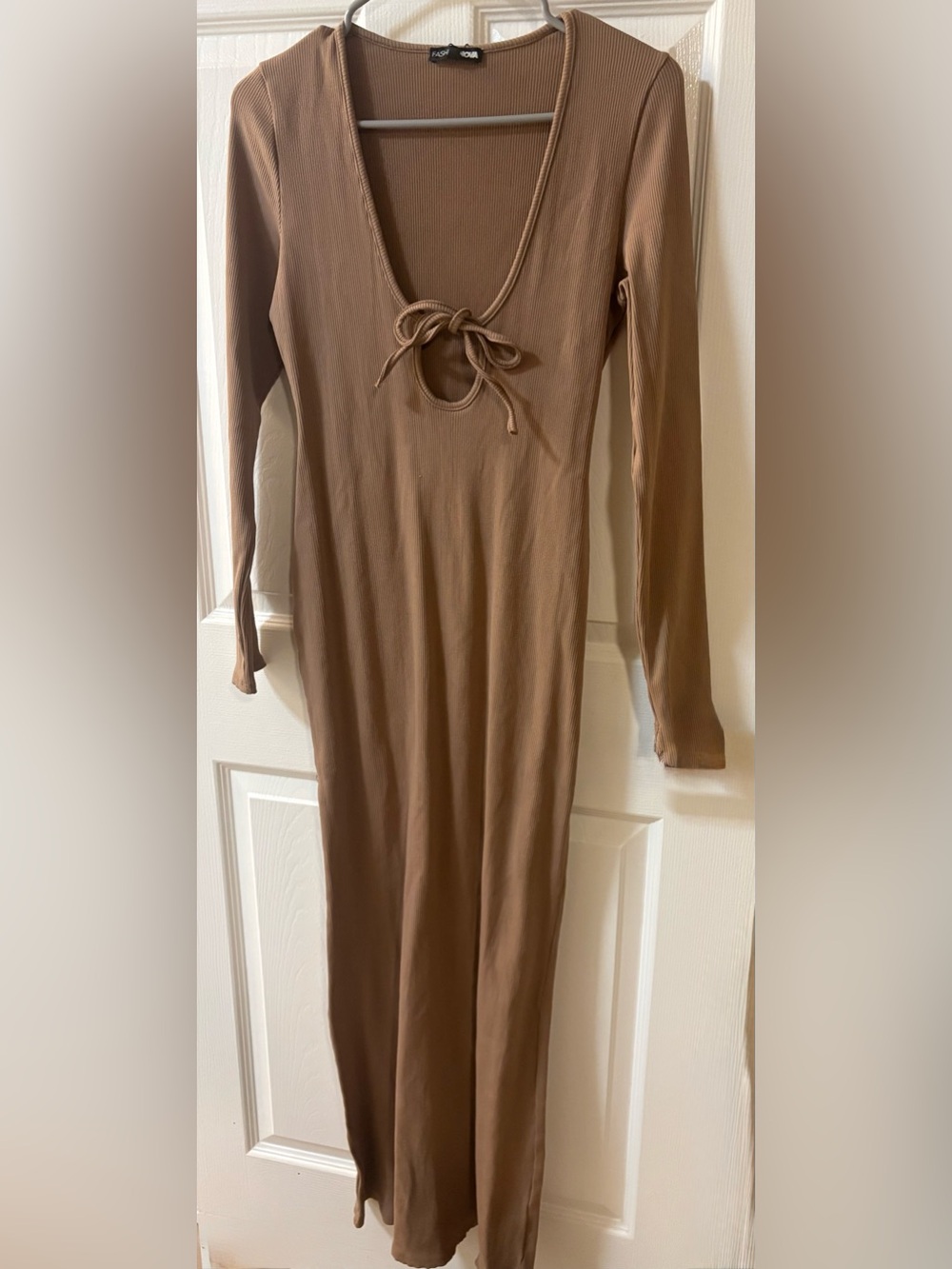 Fashion Nova Taupe Long Sleeve Ribbed Cutout Dress